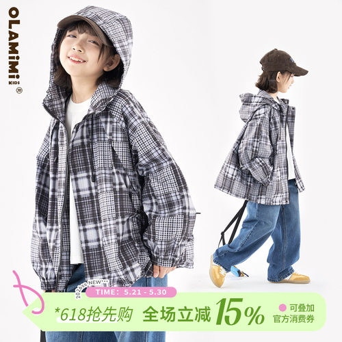 格纹拼接抽绳连帽夹克风衣外套