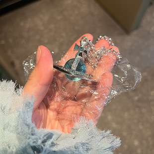 大号冰川蓝飞行士orb项链立体土星星球吊坠彩钻毛衣链长链