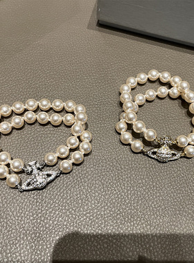 双层珍珠满钻土星手链复古中古气质嵌钻镀金手饰