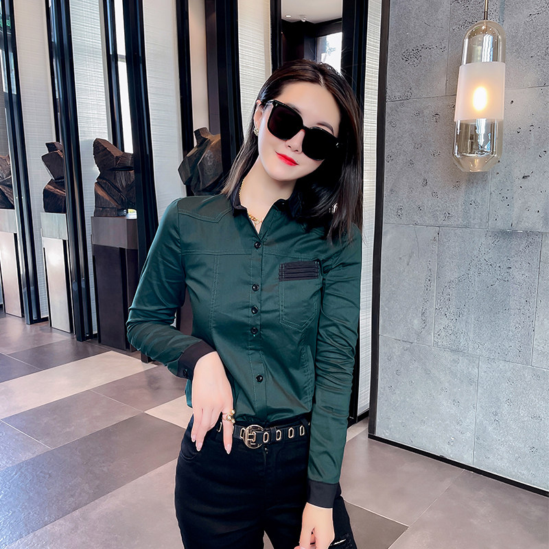 2024早秋新款修身显瘦棉布衬衫女个性拼色洋气长袖衬衣ins潮外套