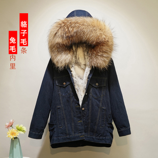 时尚加厚中长款派克棉服女连帽冬季宽松大码貉子大毛领牛仔外套