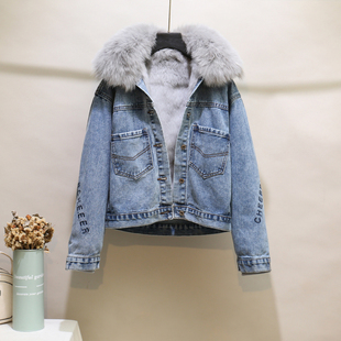 2025冬季狐狸毛领可拆卸獭兔毛加绒内胆牛仔皮草派克服短款外套女