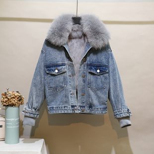 獭兔毛内胆皮草外套女2025冬季韩版短款狐狸毛领可拆卸牛仔派克服