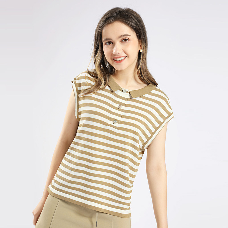 翻领半开襟无袖条纹衫背心