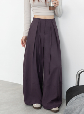 紫色褶皱弯刀裤女25秋新款抽绳高腰宽松休闲裤鱼骨纹设计感阔腿裤