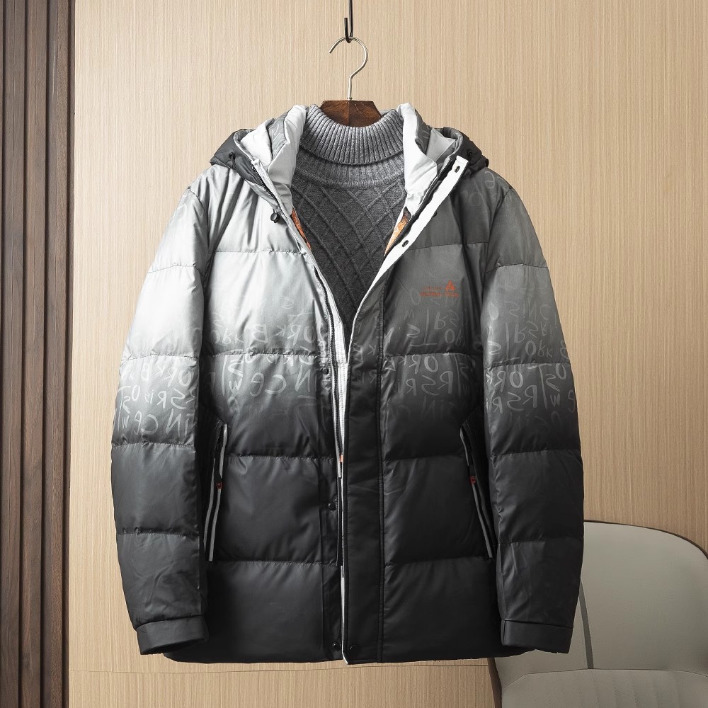免洗面料!时尚渐变色连帽羽绒服冬季加厚男士青年三防灰鸭绒外套
