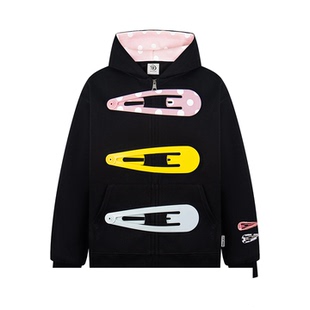 BKID 美式大发夹子连帽外套男女宽松拉链开衫卫衣黑色