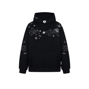 FOCK美式复古花卉刺绣钉珠重磅加绒连帽卫衣男女百搭休闲情侣上衣