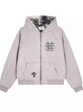 FOCK 原创设计恶魔猫咪柳丁麂皮绒加绒加厚连帽外套男女保暖棉衣