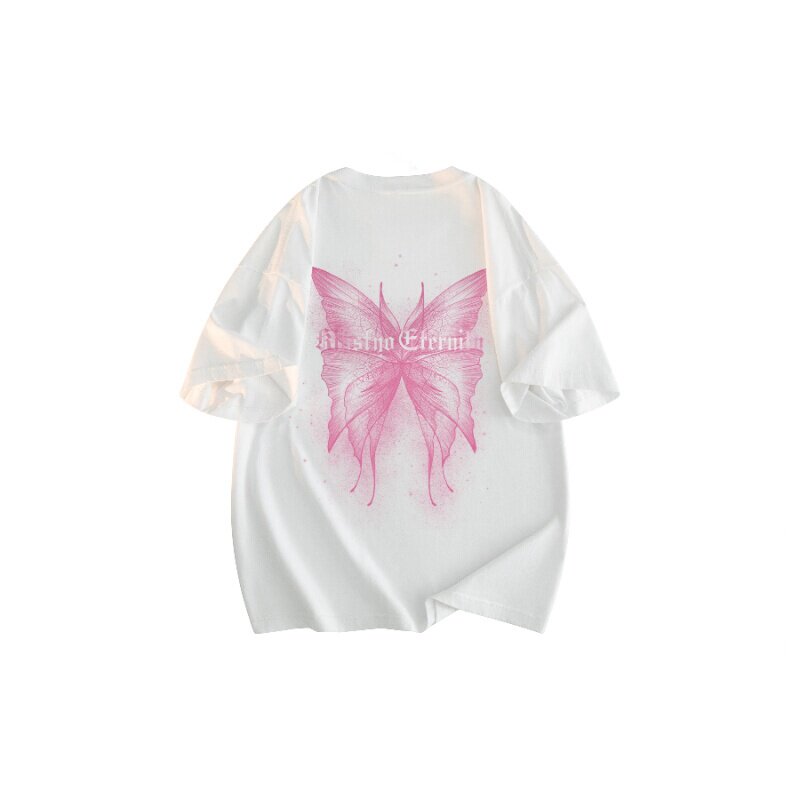 kikstyo美式复古透气梦幻蝴蝶品牌字母logo印花宽松圆领短袖t恤