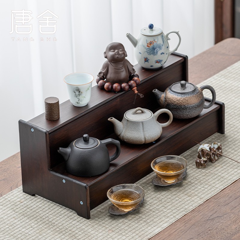 唐舍桌面置物架小型双层博古架竹制多宝阁茶杯架子茶具收纳展示架