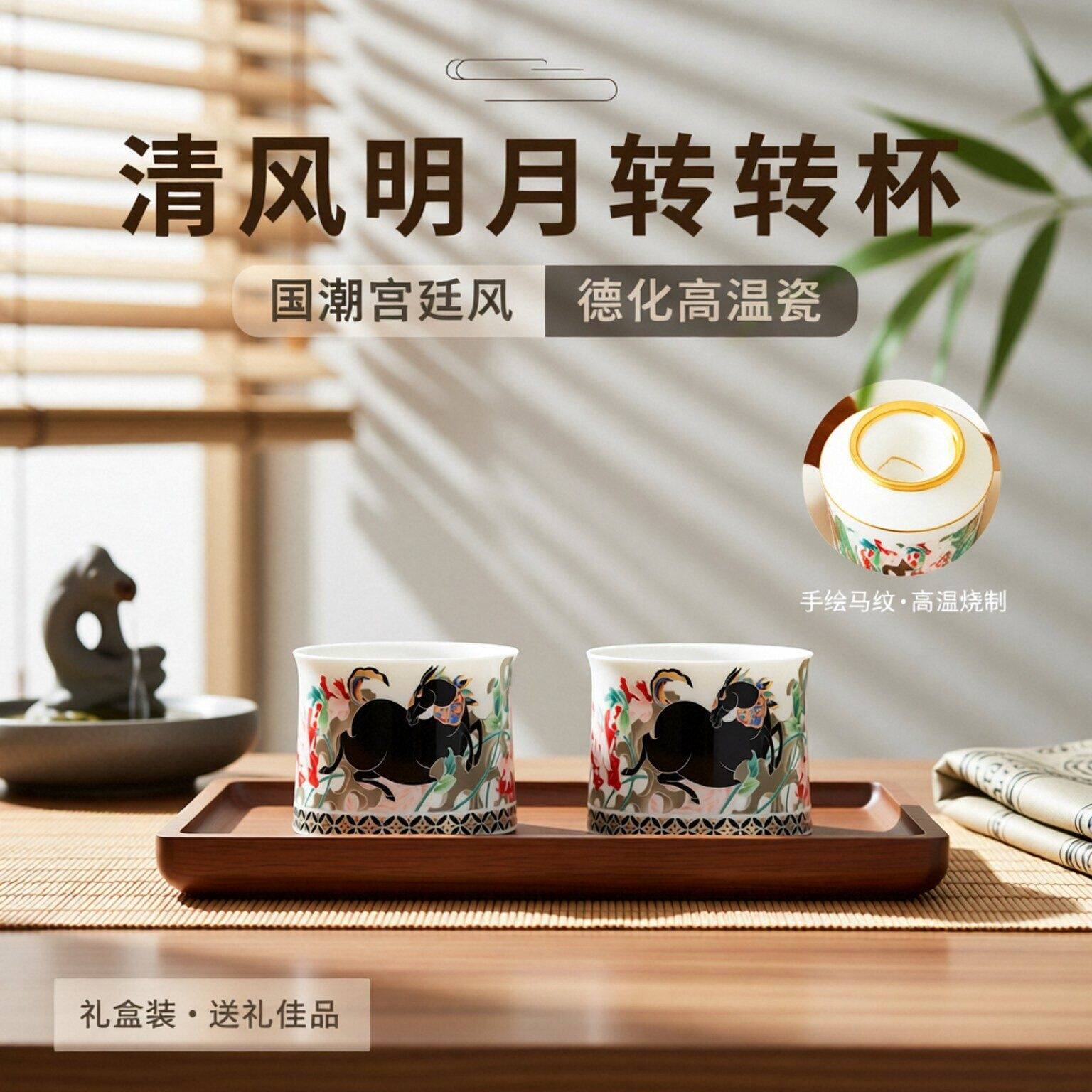 唐舍清风明月转转杯中式创意茶杯一对陶瓷主人杯艺术品水杯威士忌