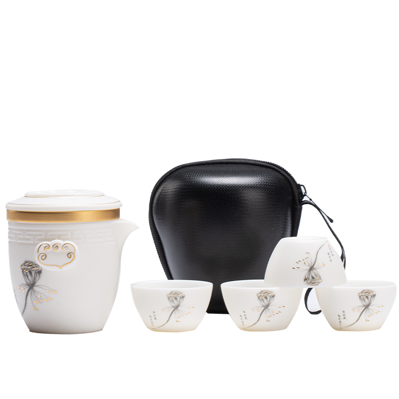 中式羊脂玉瓷白旅行茶具