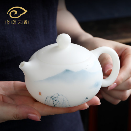 师手绘高档羊脂玉瓷西施壶单壶