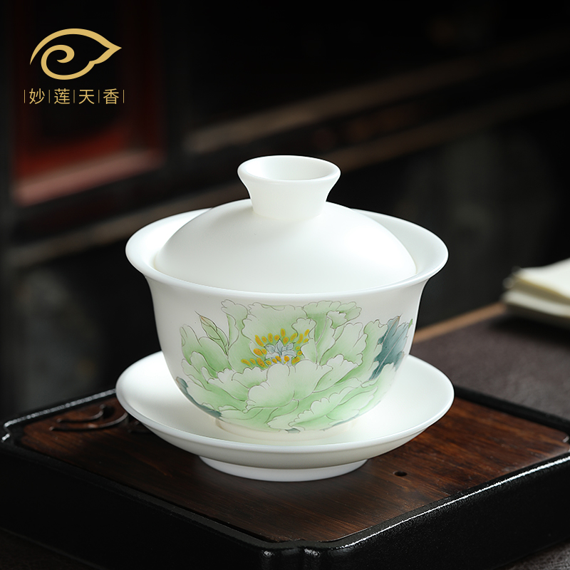 大师手绘《玉笑珠香》三才盖碗