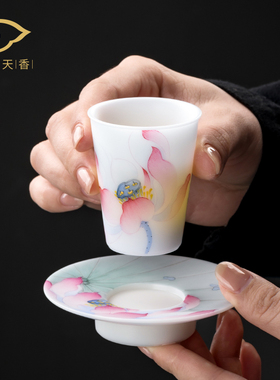 妙莲天香冰种玉瓷一杯一碟莲花主人杯高档个人专用陶瓷茶具茶杯