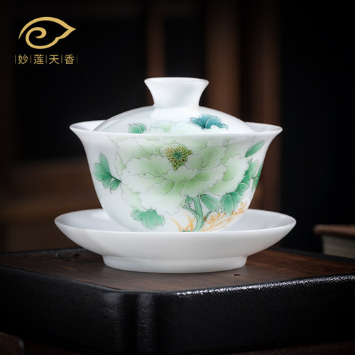 高档冰种玉瓷手绘牡丹三才盖碗