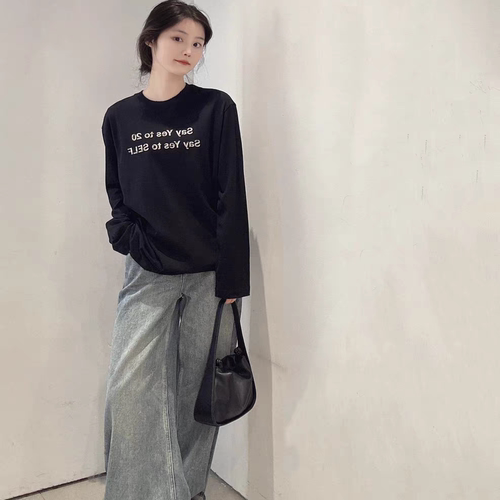 正品2024冬新品棉亚麻舒适肌理斑驳印花长袖T恤衫MBD4TEE011