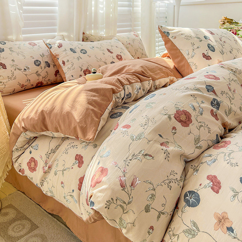 샤오홍슈는 워시드 면마 2겹 거즈 시트 4종 세트 이불 커버 매트리스 커버 학생 기숙사 침대 3종 세트를 추천합니다