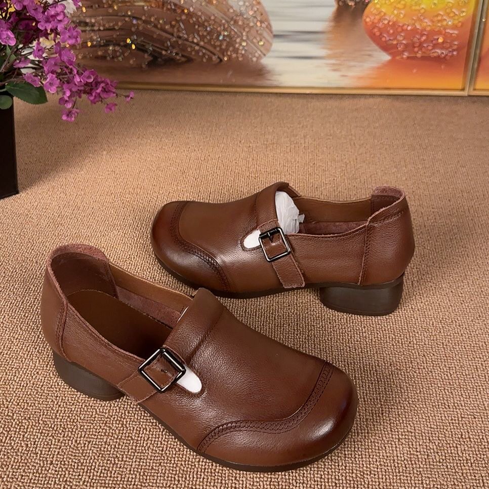 复古风黑色皮带扣单鞋女低跟圆头舒适百搭中老年女士软底妈妈鞋