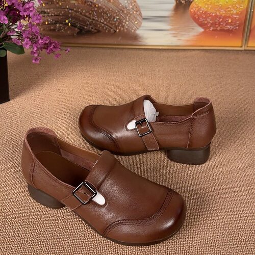 复古风黑色皮带扣单鞋女低跟圆头舒适百搭中老年女士软底妈妈鞋