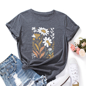 Women shirt纯棉宽松薄款 欧美女装 短袖 圆领t恤女花卉插画