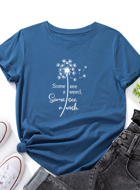 欧美女装Women T-shirt纯棉宽松薄款短袖圆领t恤女 字母蒲公英