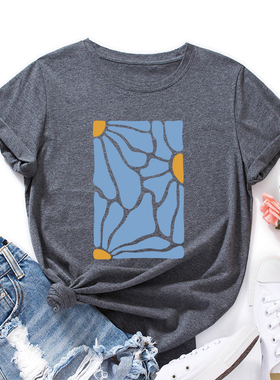 欧美女装Women T-shirt纯棉宽松薄款短袖圆领t恤女创意花卉插画