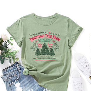 短袖 欧美女装 shirt纯棉宽松薄款 圆领t恤女字母圣诞树印花 Women