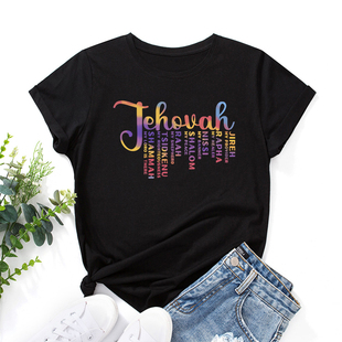 欧美女装WomenT-shirt纯棉宽松薄款短袖圆领t恤女渐变字母Jehouah