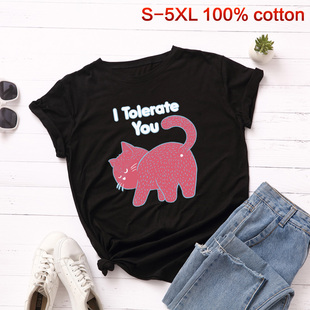 薄款 打底衫 透气T恤大码 t恤女猫咪半袖 宽松欧美圆领纯棉短袖 夏季