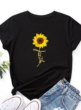 欧美女装Women T-shirt纯棉宽松薄款短袖圆领t恤女 字母向日葵