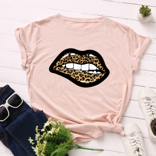 2020欧美女装Nice Women T-shirt Tee 纯棉豹纹嘴唇宽松短袖T恤女
