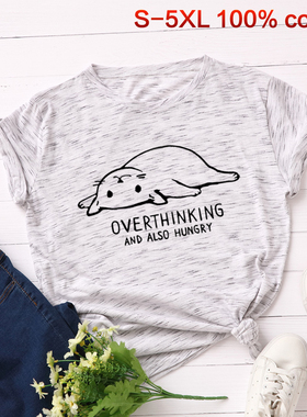 现货！Women Tshirts大码欧美跨境学生可爱慵懒猫咪纯棉t恤女上衣