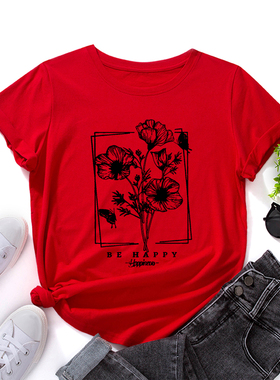 欧美女装Women T-shirt纯棉宽松薄款短袖圆领t恤女花卉字母插画
