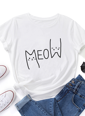 欧美女装Women T-shirt纯棉宽松薄款短袖圆领t恤女 简笔画猫咪