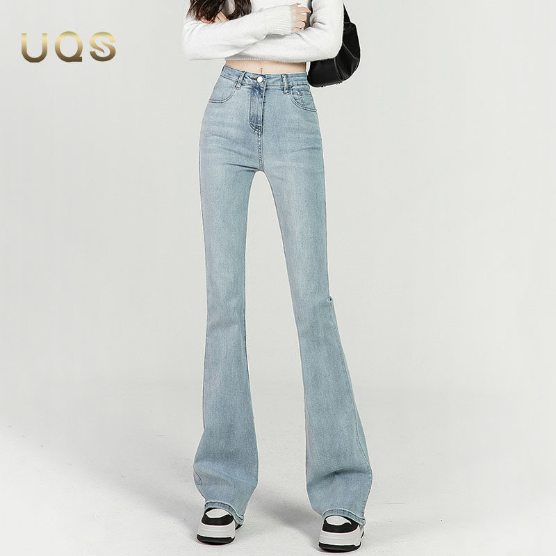 UQS浅蓝色微喇牛仔裤女春秋新款2025弹力修身显瘦小个子马蹄长裤
