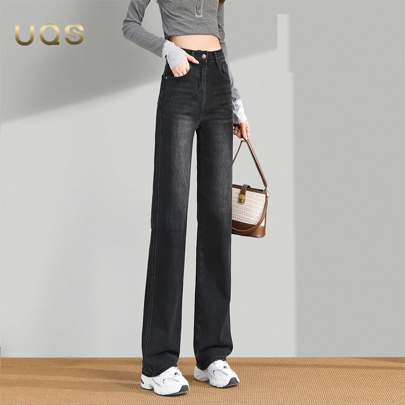 UQS黑灰色窄版直筒牛仔裤女秋季2025年新款弹力修身显瘦烟管裤