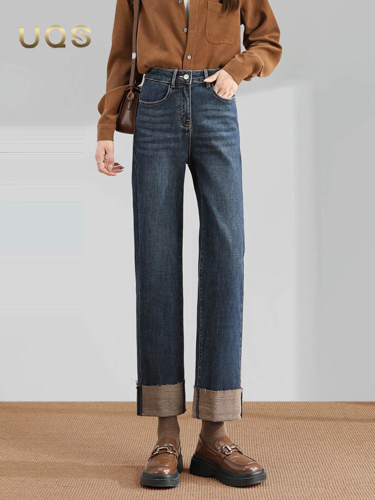 UQS深蓝色直筒牛仔裤女秋季2025年新款覆古简约翻边显瘦九分裤