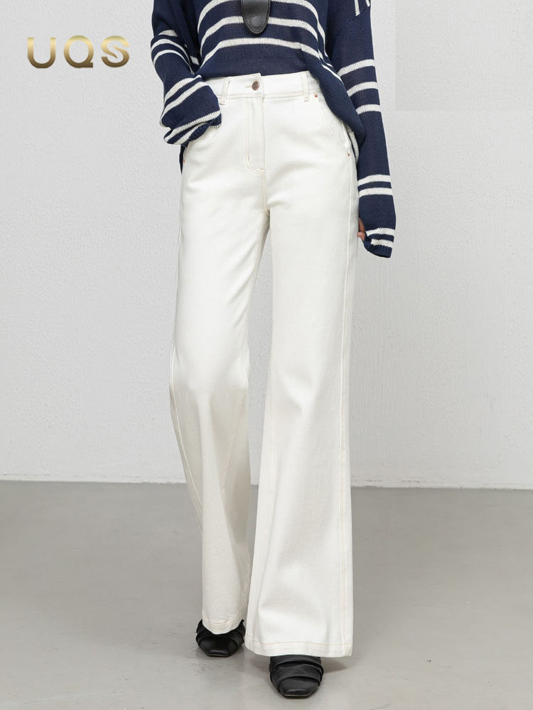 UQS白色微喇牛仔裤女秋季2025年简约高腰修身显瘦马蹄喇叭裤子