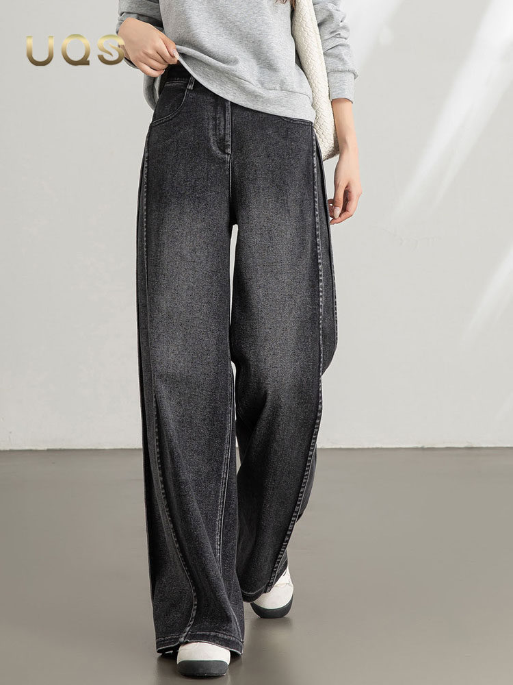 UQS黑灰色窄版阔腿牛仔裤女秋季2025年新款覆古大码显瘦直筒裤