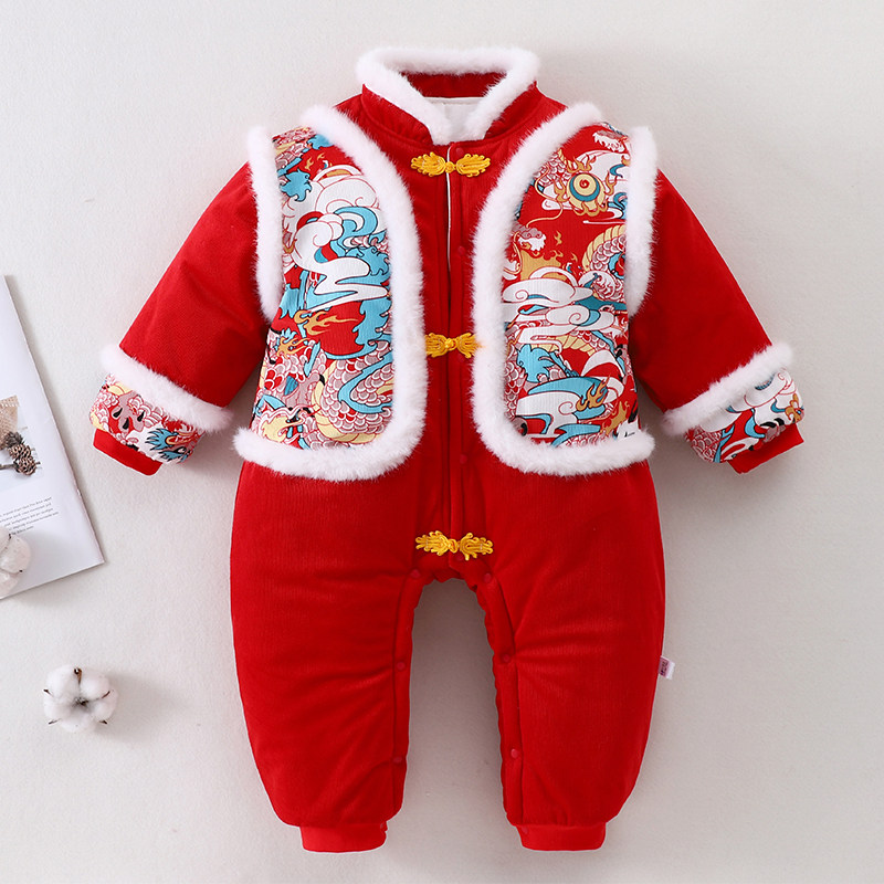 婴儿拜年服大红色全红冬季加厚外出穿连体衣哈衣新生宝宝周岁礼服