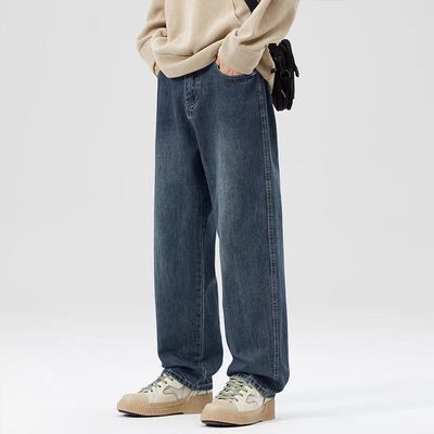 秋冬季潮牌直筒宽松水洗牛仔裤子