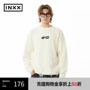 情侣毛衣APE4061333 INXX APYD潮牌冬新品 破洞印花套头针织衫