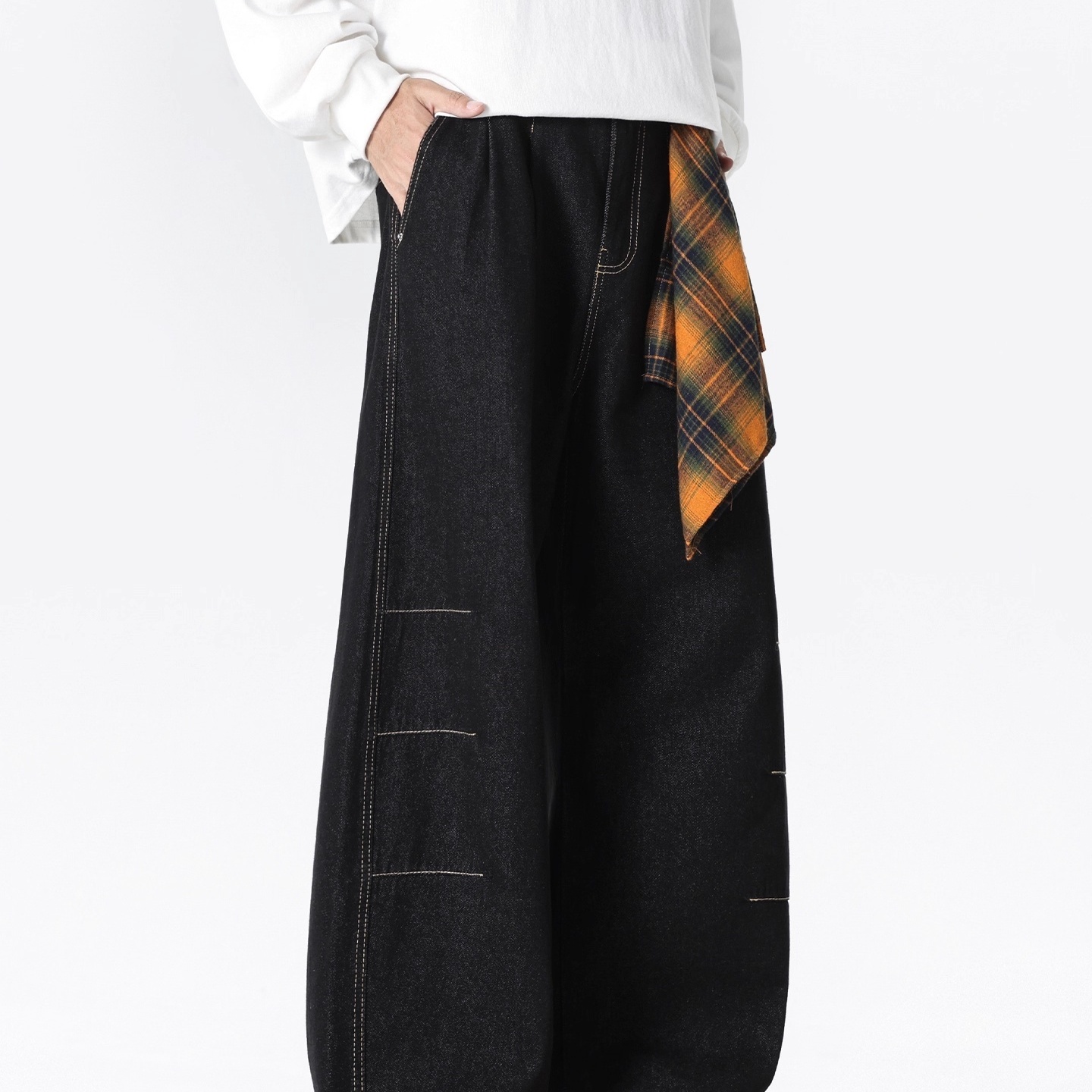 INXX STREET新款复古春秋潮牌美式设计方巾弯刀男女宽松棉牛仔裤