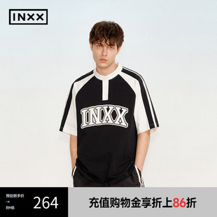 XRF2010983 INXX 复古亨利领短袖 T恤学院体字母撞色印花情侣款