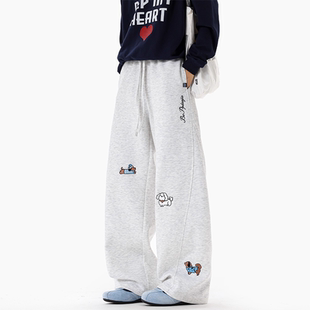 STREET美式 阔腿裤 卡通小狗刺绣休闲裤 秋冬运动宽松卫裤 男款 INXX