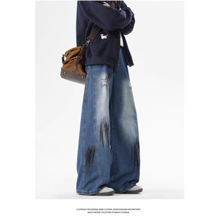 弯刀设计水洗宽松破洞裤 INXX 棉牛仔裤 复古阔腿男长裤 STREET美式