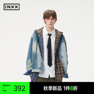 INXX 牛仔拼蜡染皮料夹克男复古重酵洗牛仔外套女XRF3141283