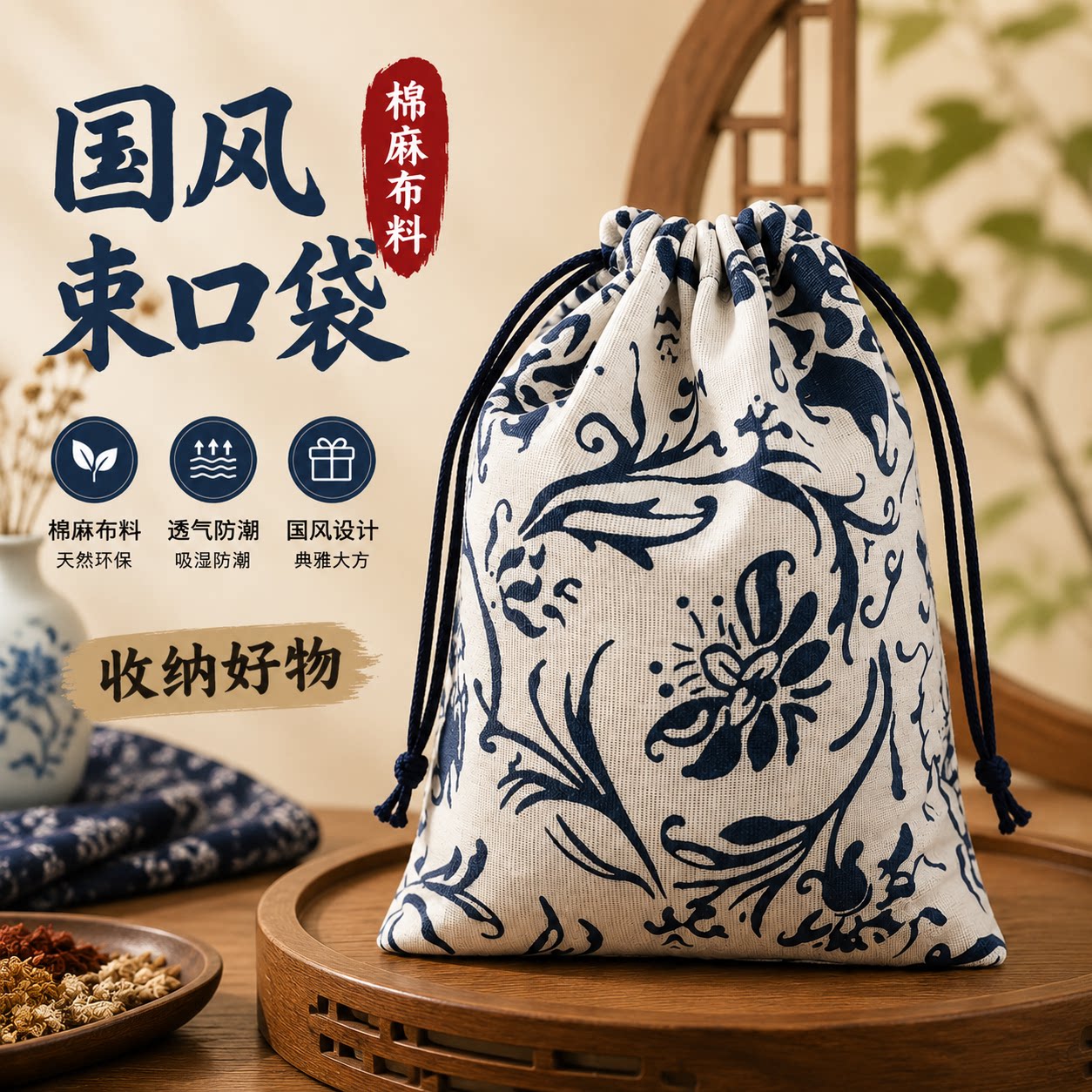 国风束口袋青花瓷棉麻布料青花瓷印花抽绳收纳袋透气防潮便携布袋图片